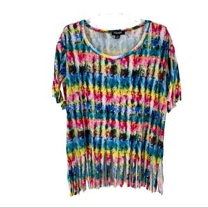 Rouge Collection Rainbow Tie Dye Shirt w/Fringe on Sleeves & Bottom - Sz 4x